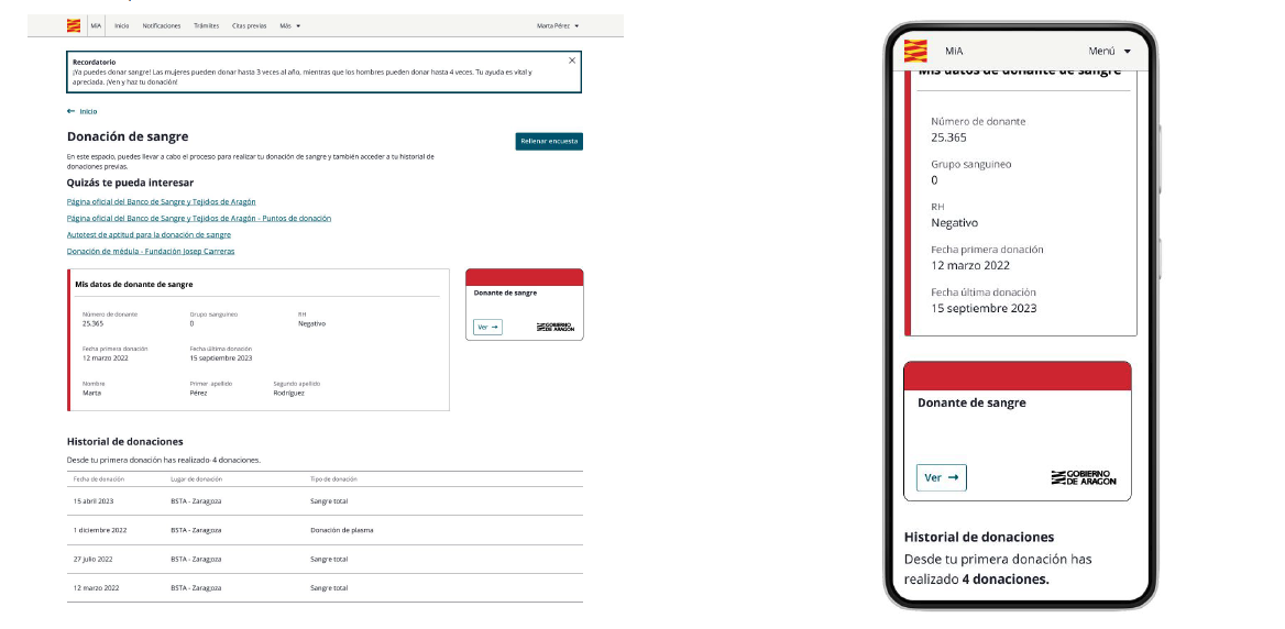 Prototipos de alta fidelidad de la interfaz del nuevo carnet de donante digital de aragón