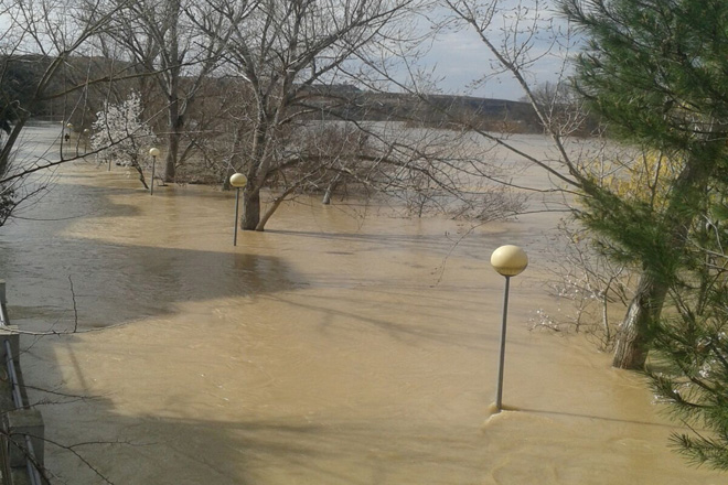 inundaciones en un parque; farolas y árboles cubiertos hasta la mitad